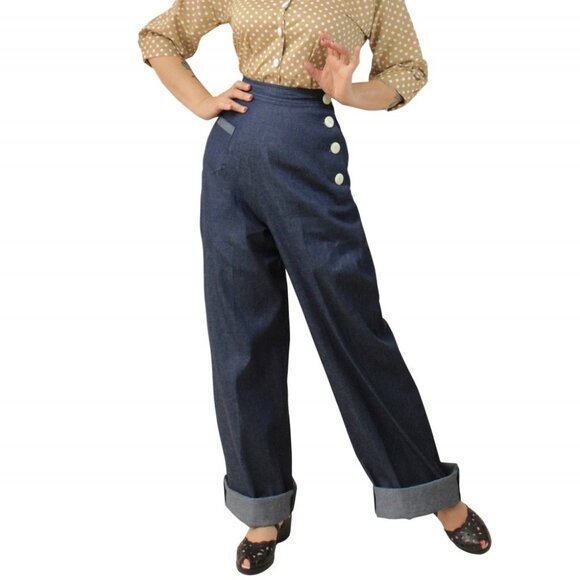 1940s Blue Denim High Waist Button Detail Wide Leg Pants/Trousers - Picture 1 of 10